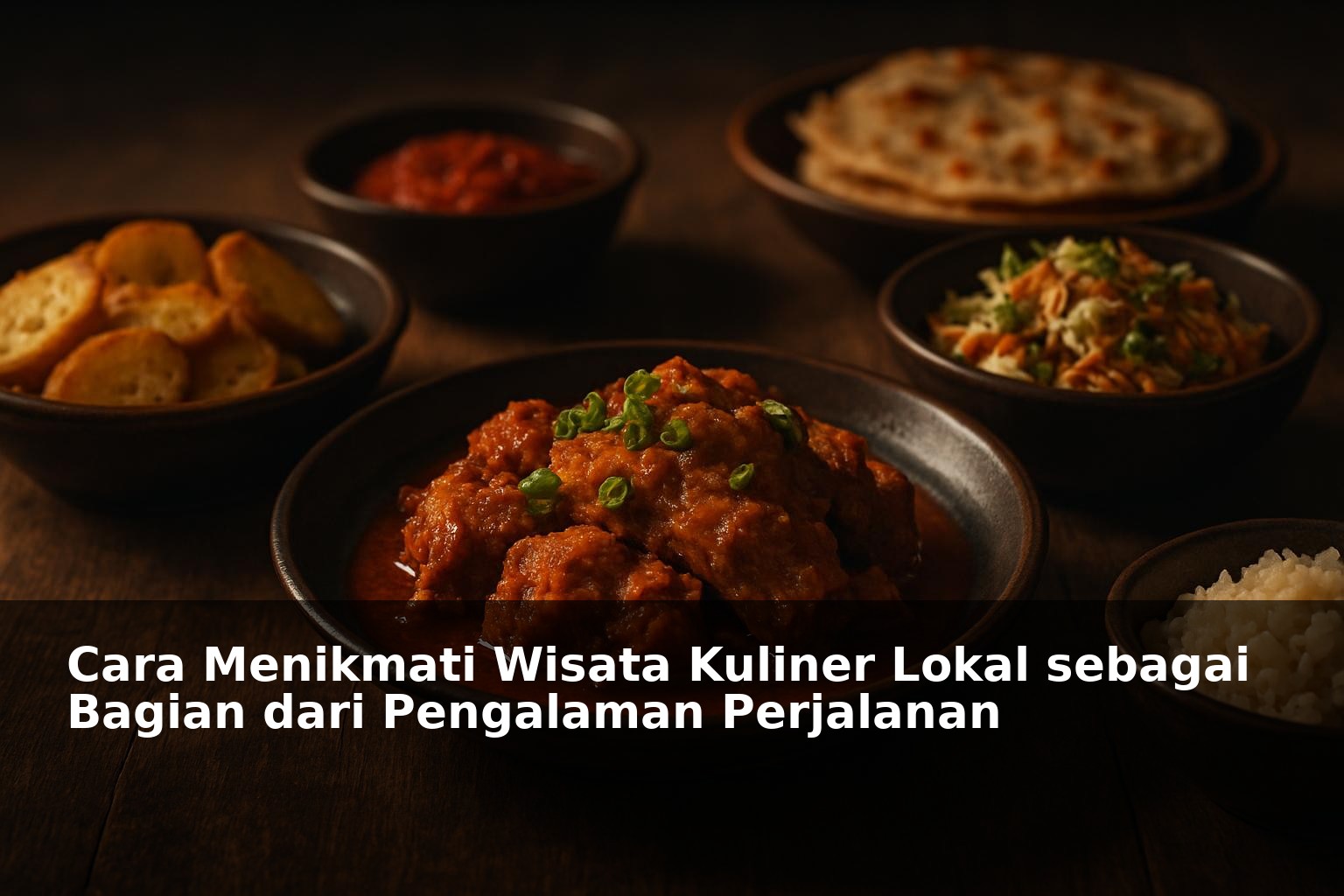 Wisata kuliner lokal dengan piring makanan tradisional di meja kayu
