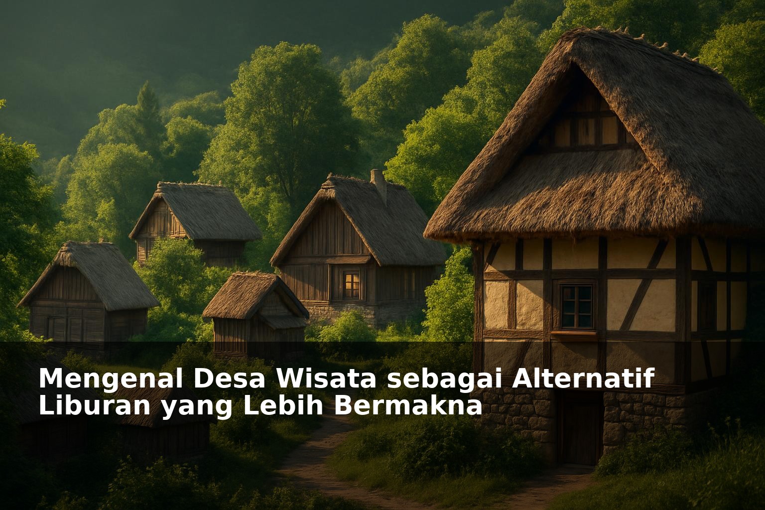 Pemandangan desa wisata dengan latar alam dan rumah tradisional yang asri