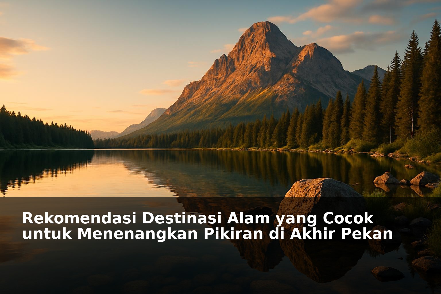 Pemandangan alam tenang dengan danau dan pegunungan di latar belakang saat sore hari