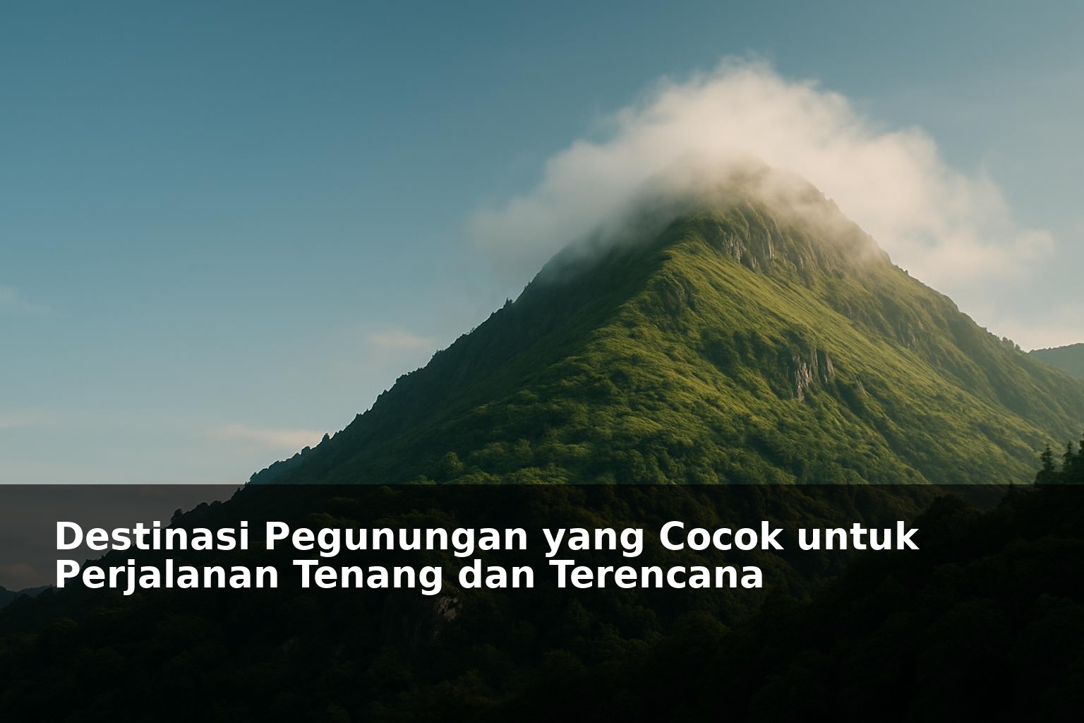 Pemandangan pegunungan yang tenang dengan suasana sejuk dan hijau
