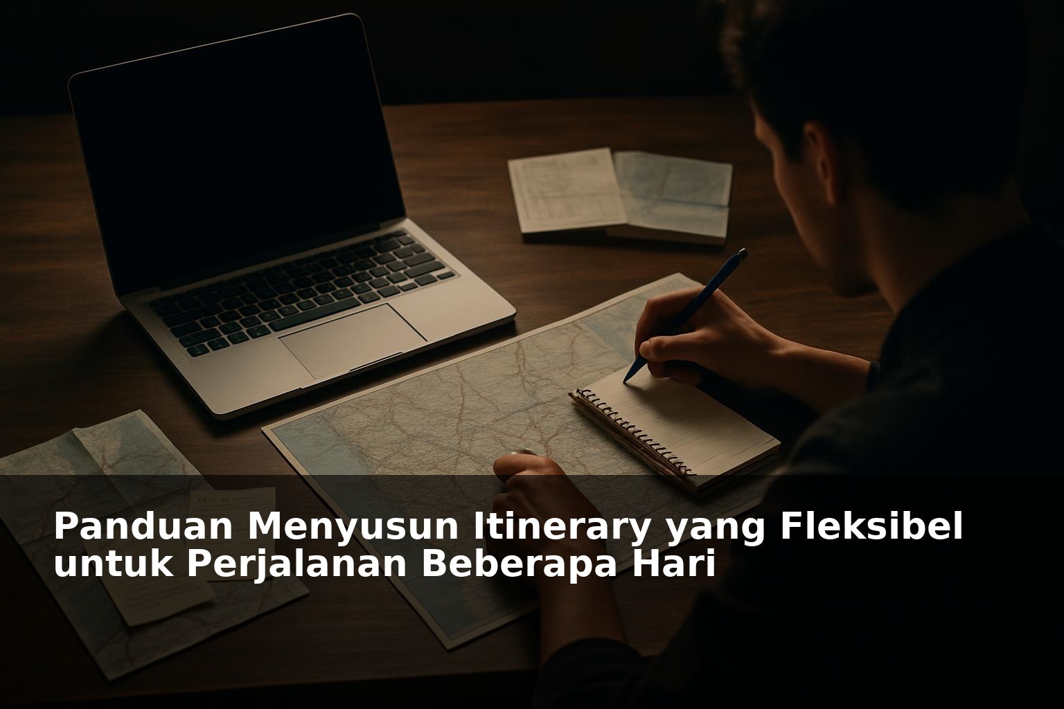 Ilustrasi perencanaan itinerary fleksibel untuk perjalanan beberapa hari dengan peta dan catatan