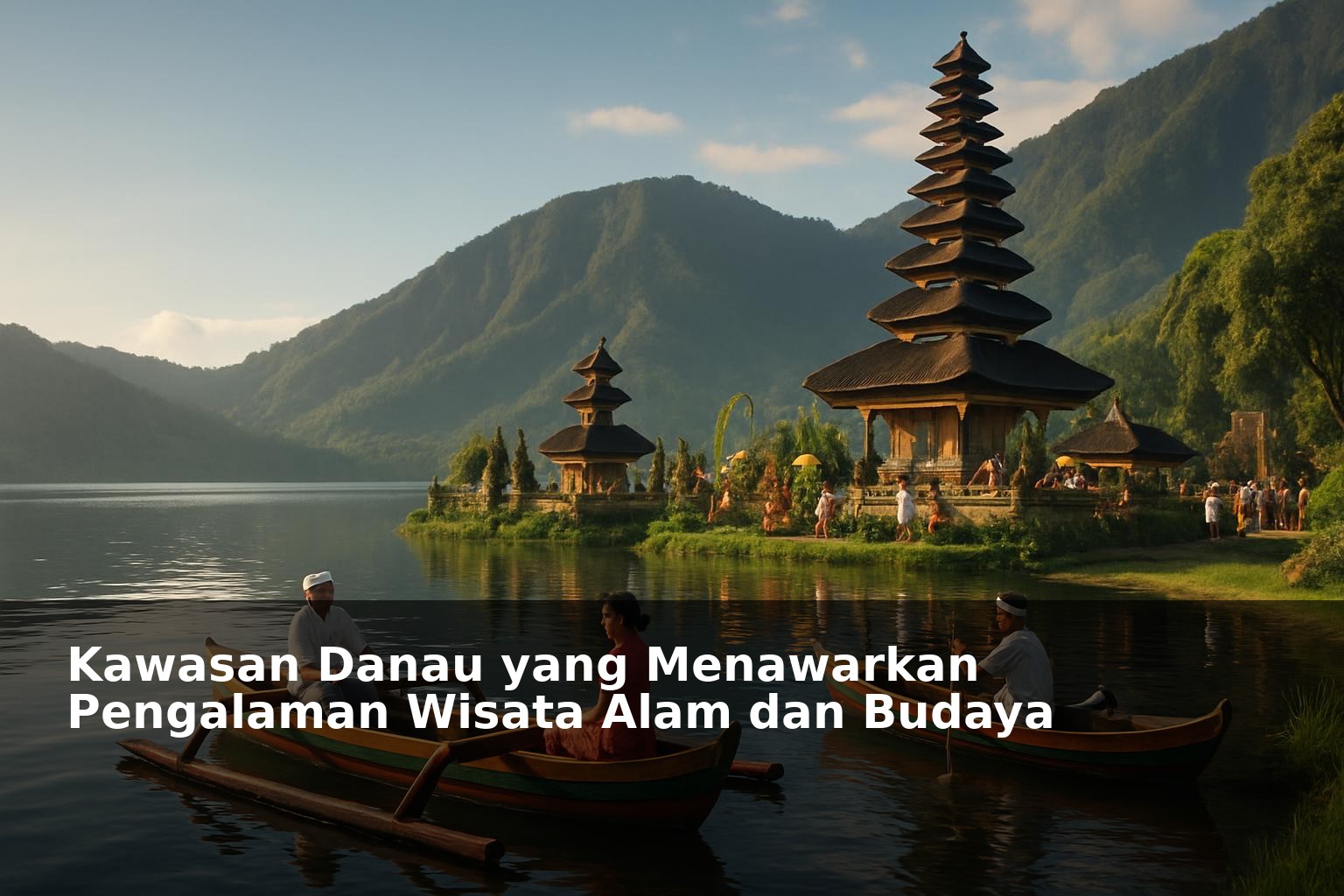 Pemandangan indah kawasan danau dengan latar pegunungan dan aktivitas budaya lokal