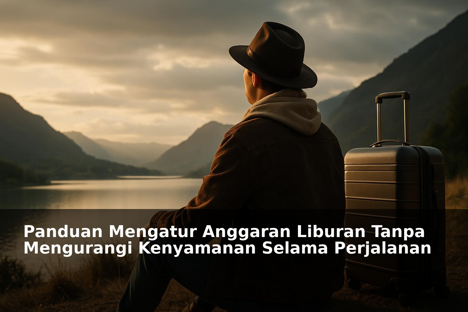 Orang menikmati liburan nyaman dengan pemandangan alam dan koper di sampingnya