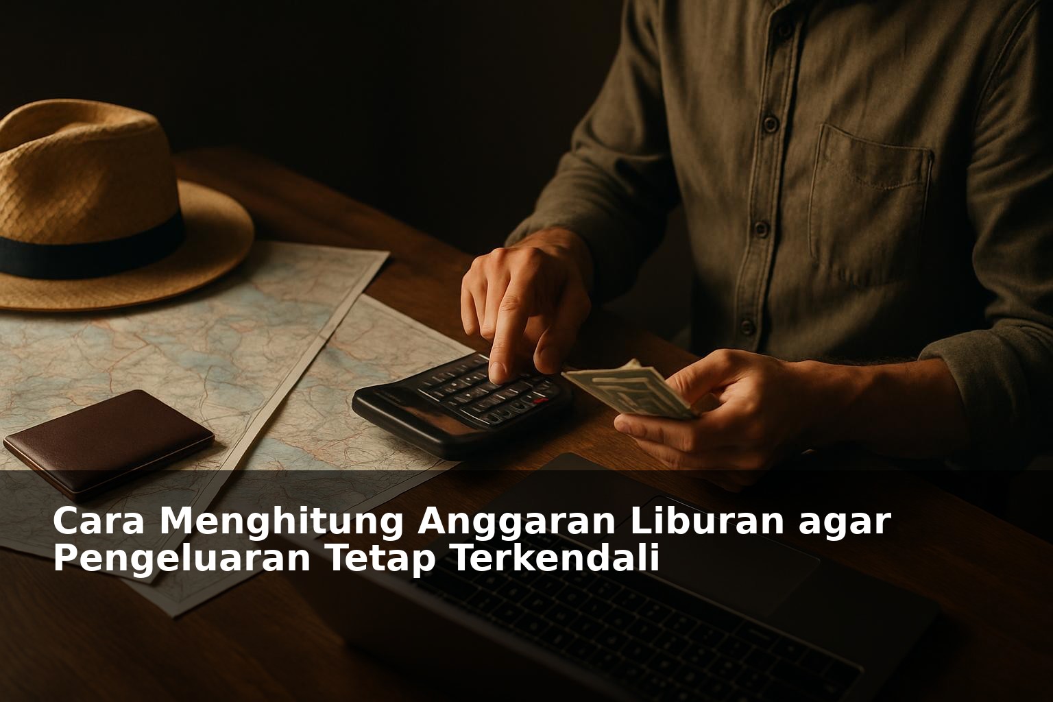 Traveler sedang menghitung anggaran liburan di meja dengan peta dan kalkulator