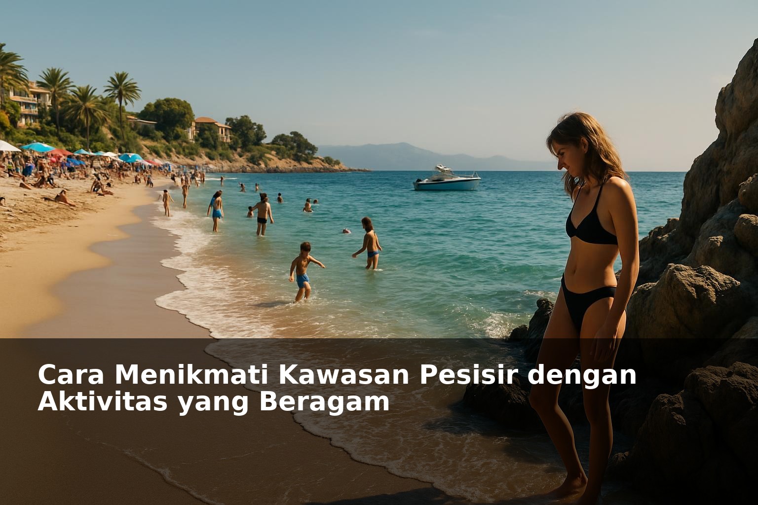 Pemandangan kawasan pesisir dengan aktivitas beragam di pantai yang cerah