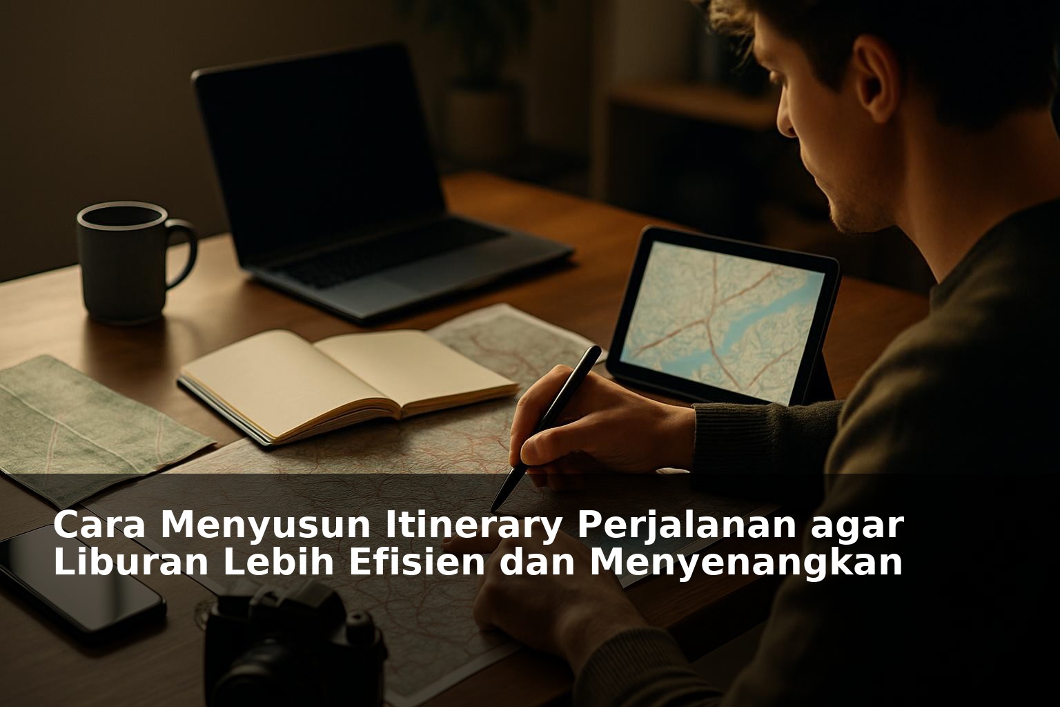 Ilustrasi orang merencanakan itinerary perjalanan liburan dengan peta dan perangkat digital