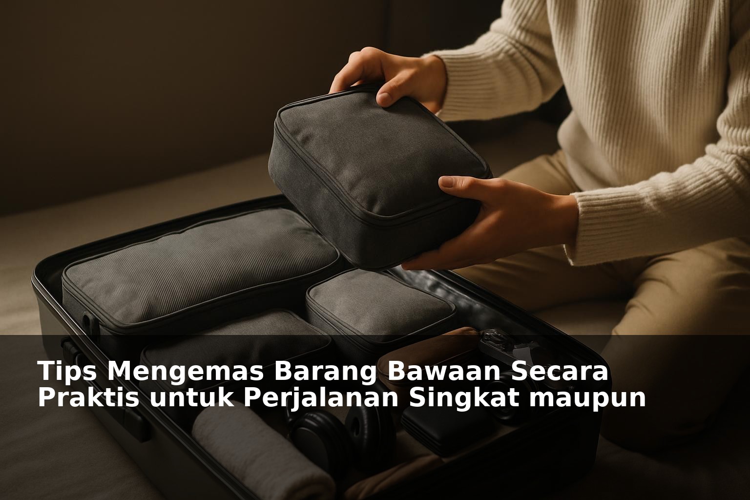 Orang sedang mengemas koper dengan rapi dan praktis untuk perjalanan