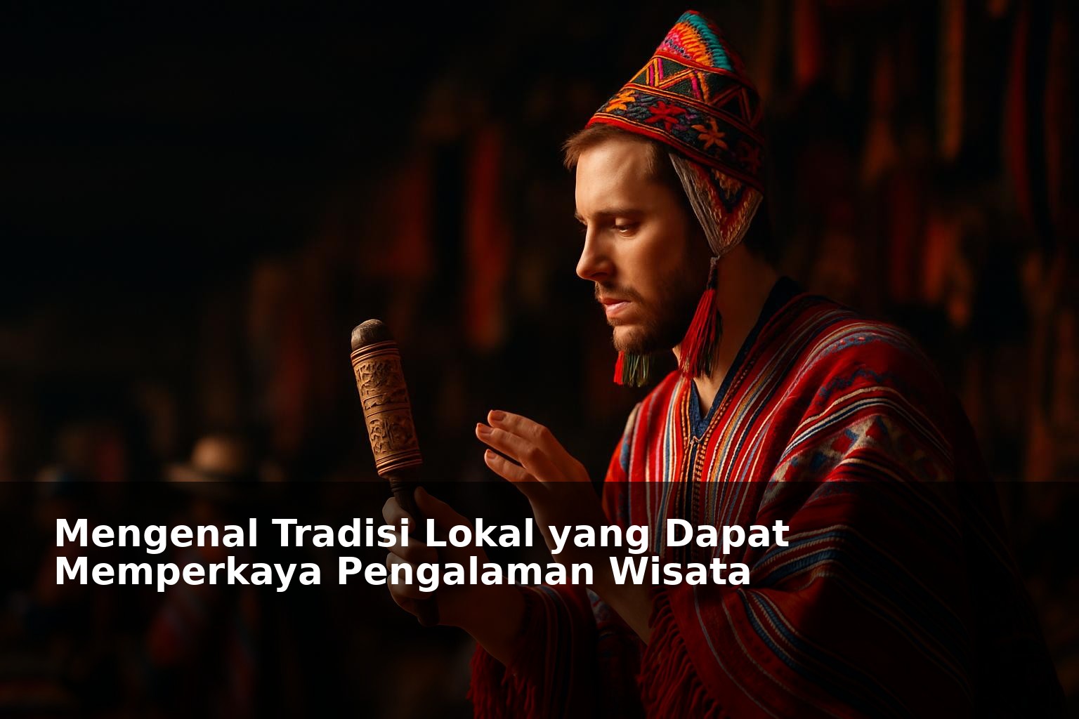 Seorang wisatawan berpartisipasi dalam tradisi lokal dengan latar suasana budaya yang kental