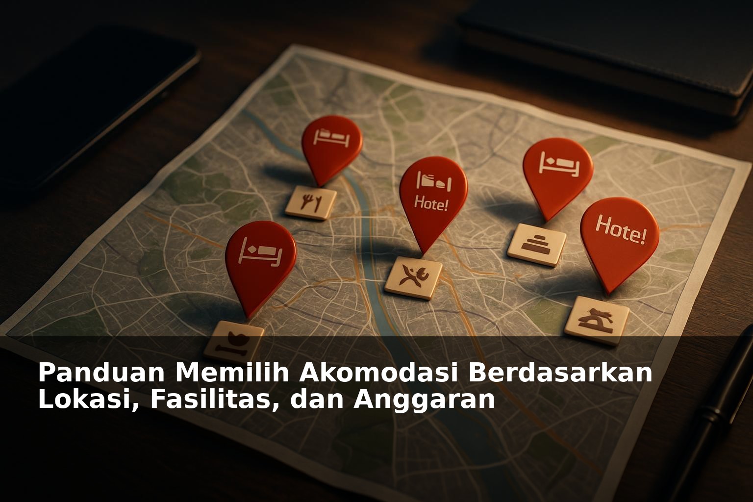 Ilustrasi pemilihan akomodasi dengan peta lokasi dan fasilitas hotel