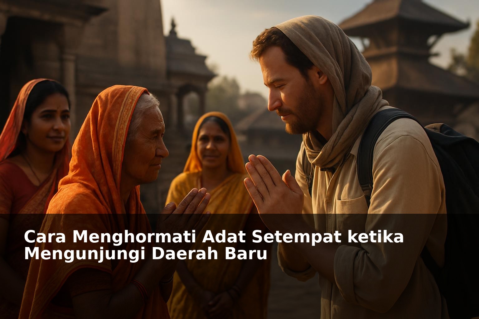Ilustrasi penghormatan adat di daerah baru dengan latar pemandangan budaya lokal