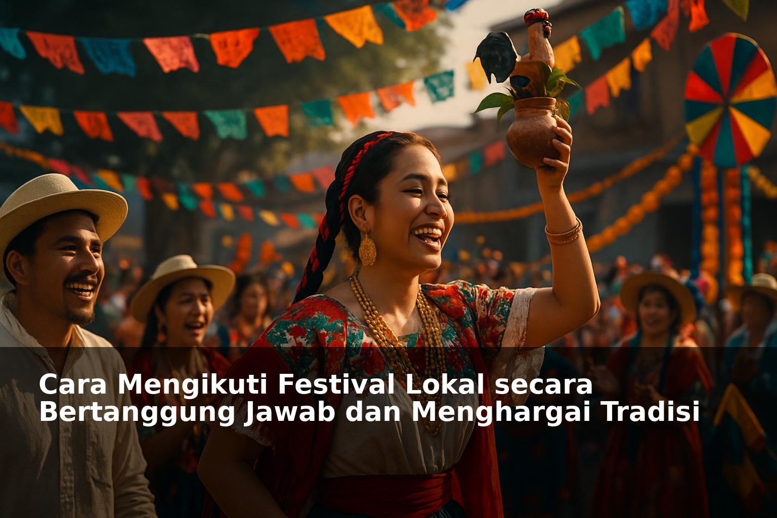 Keramaian festival lokal dengan masyarakat mengenakan pakaian tradisional