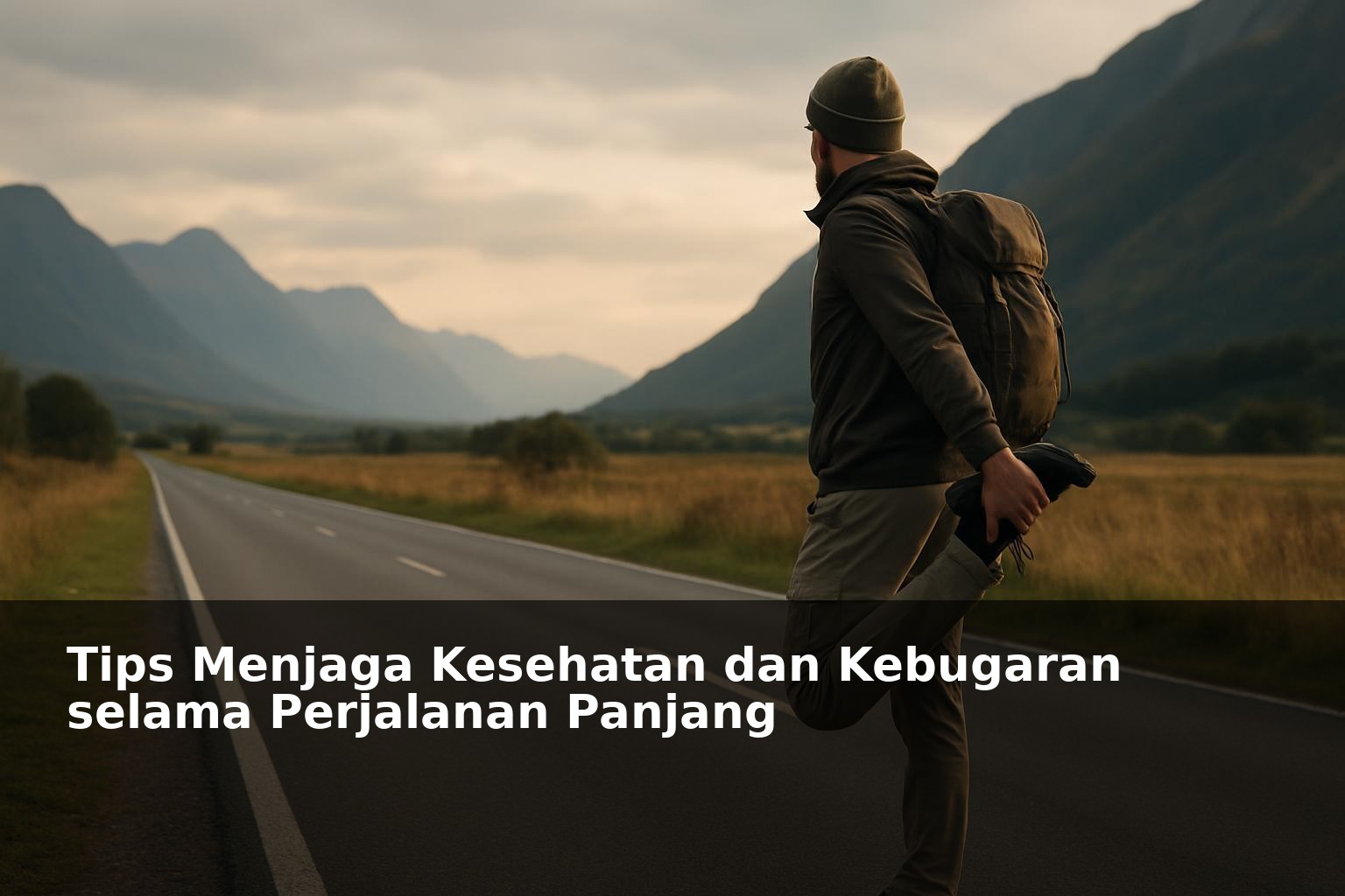 Orang berolahraga stretching di tepi jalan saat perjalanan panjang