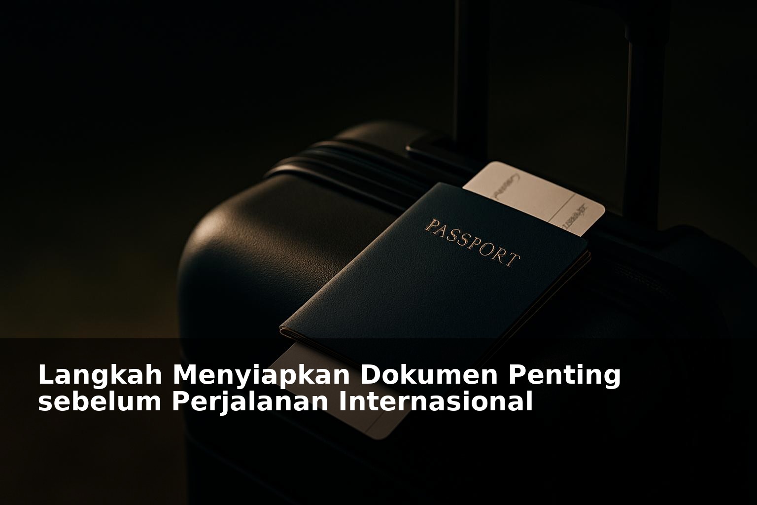 Dokumen penting untuk perjalanan internasional dengan latar koper dan paspor