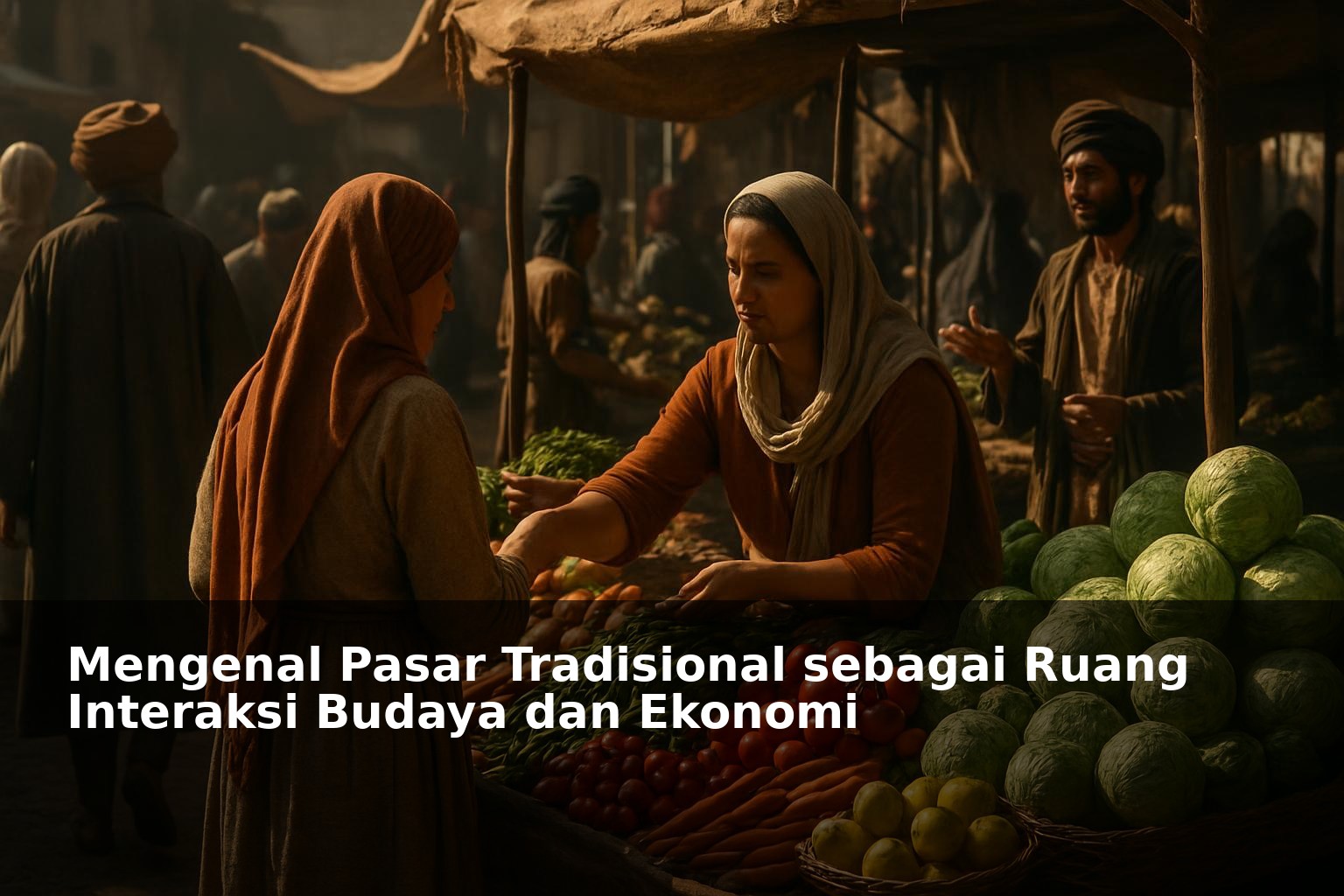 Aktivitas sibuk di pasar tradisional dengan interaksi budaya dan ekonomi