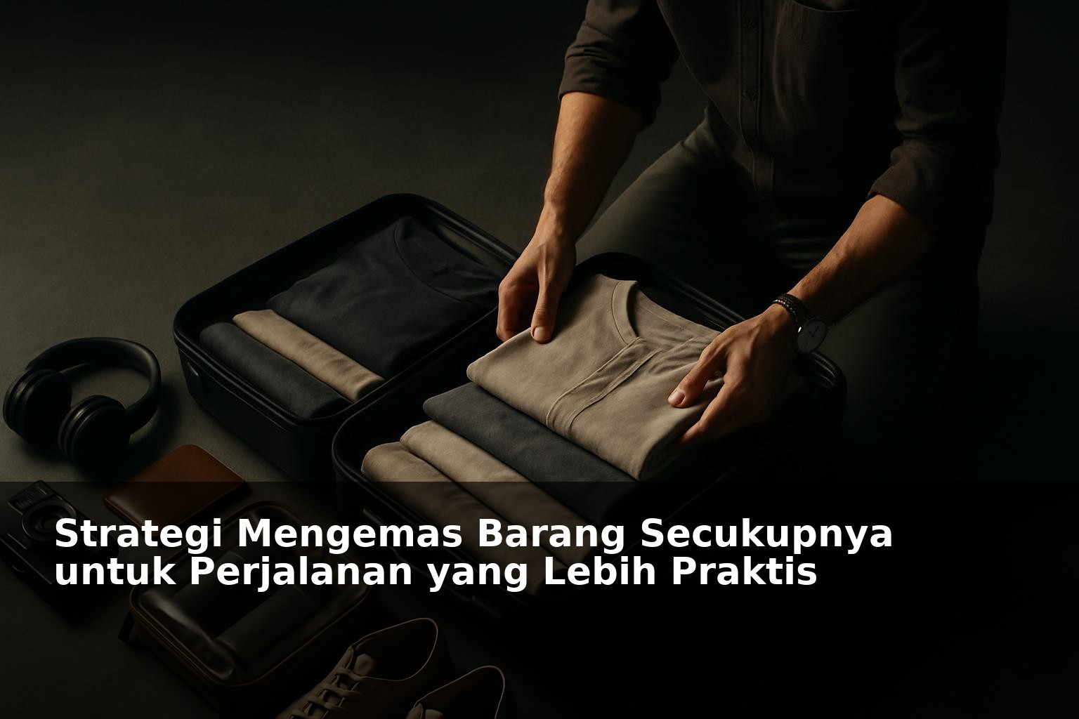 Orang sedang mengemas koper dengan barang secukupnya untuk perjalanan praktis